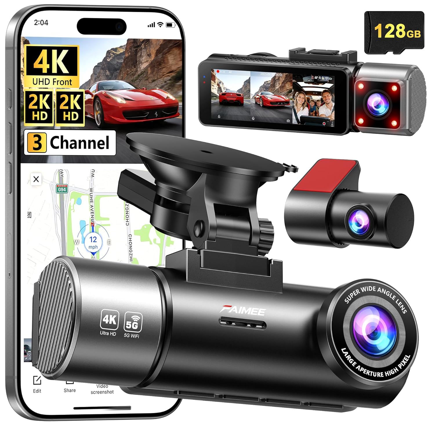 3 Channel Dash Cam 4K+2K+2K Front Rear Camera