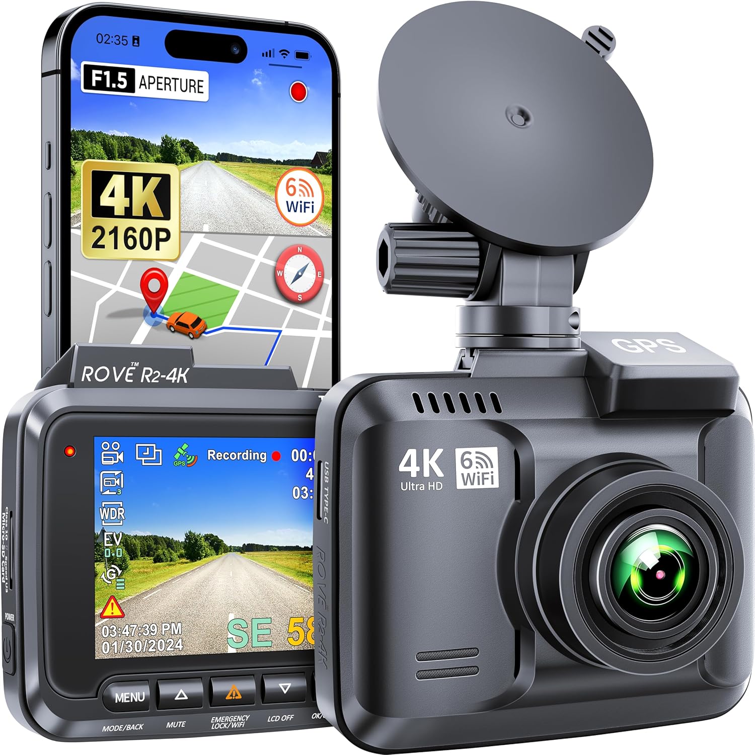 ROVE R2-4K Dash Cam WiFi 6 GPS UHD 2160P